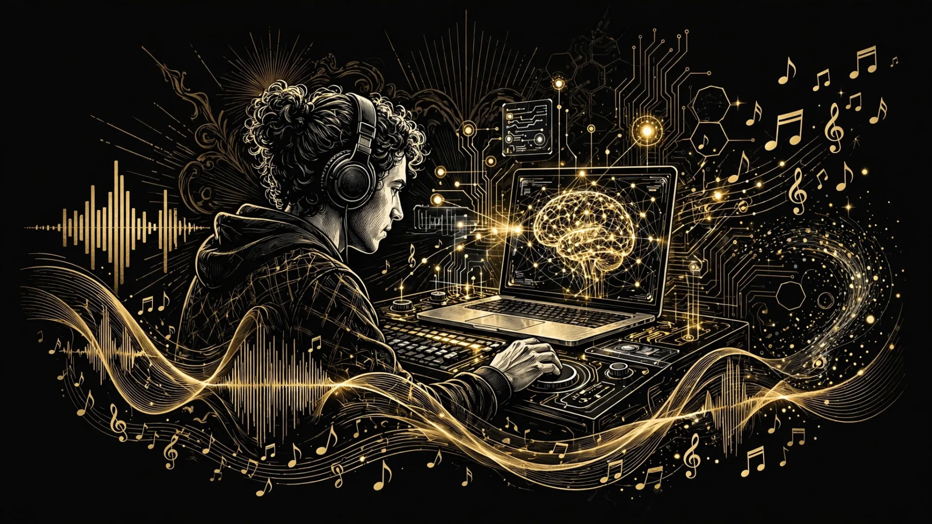 Ilustração de uma pessoa criando um remix de música com inteligência artificial, em preto e dourado, sem logotipo e sem texto na imagem.