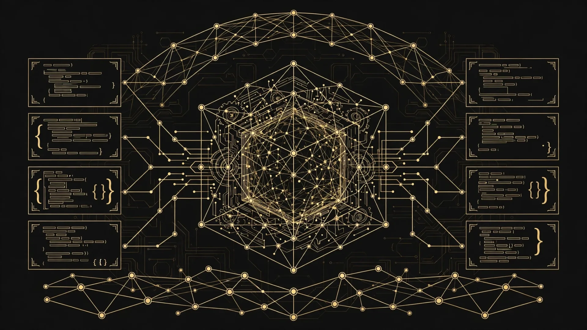 Ilustração de um modelo de inteligência artificial de código aberto, com blocos de código e rede de conexões, em preto e dourado, sem logotipo e sem texto na imagem.