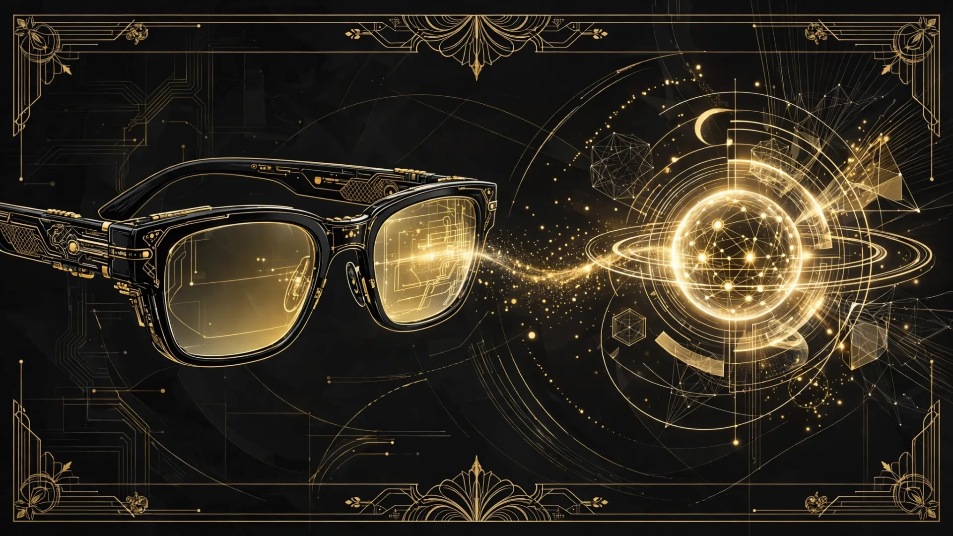 Ilustração de óculos inteligentes com assistente de inteligência artificial, em preto e dourado, sem logotipo e sem texto na imagem.